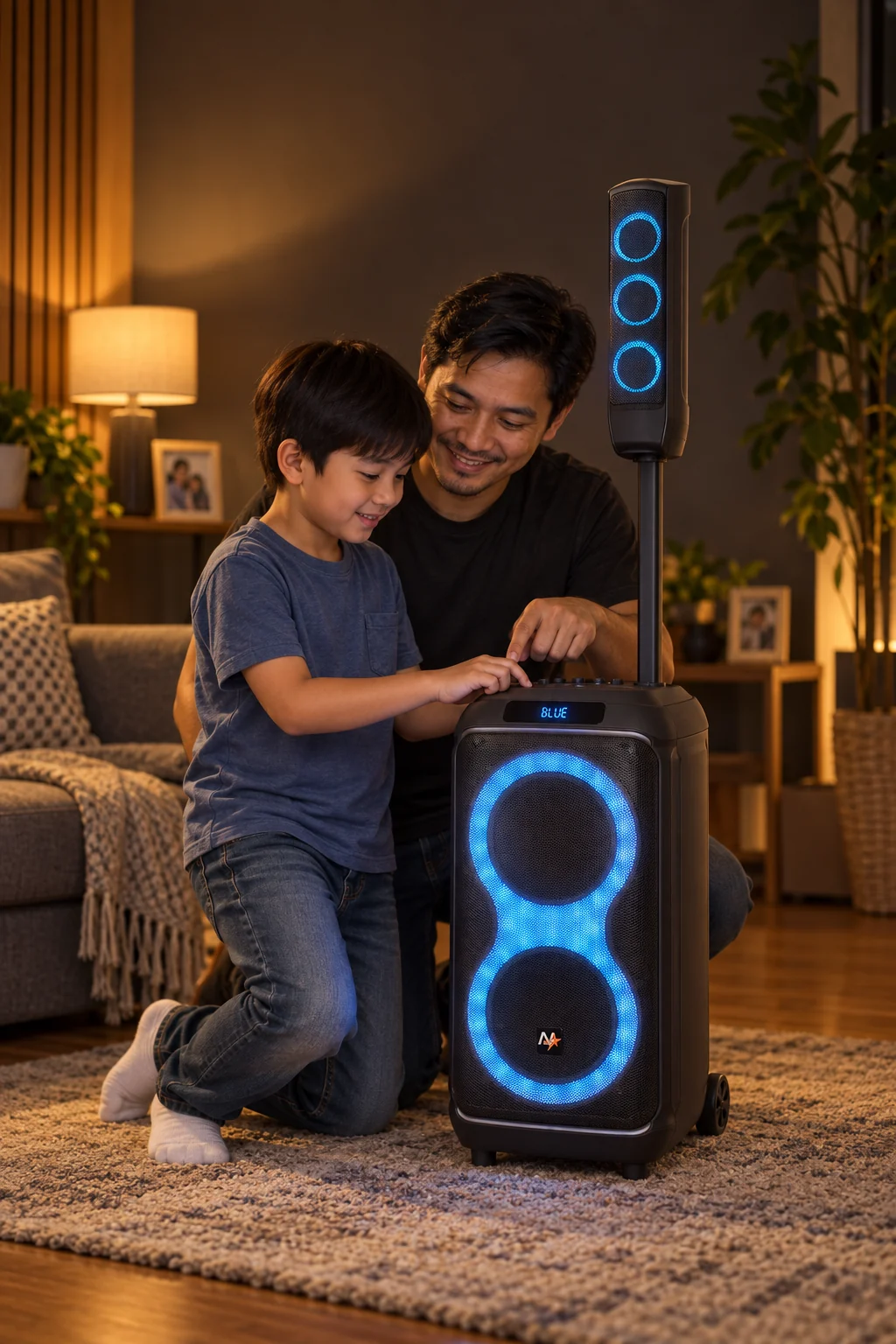 Father teaching his child to use a National Star portable speaker
