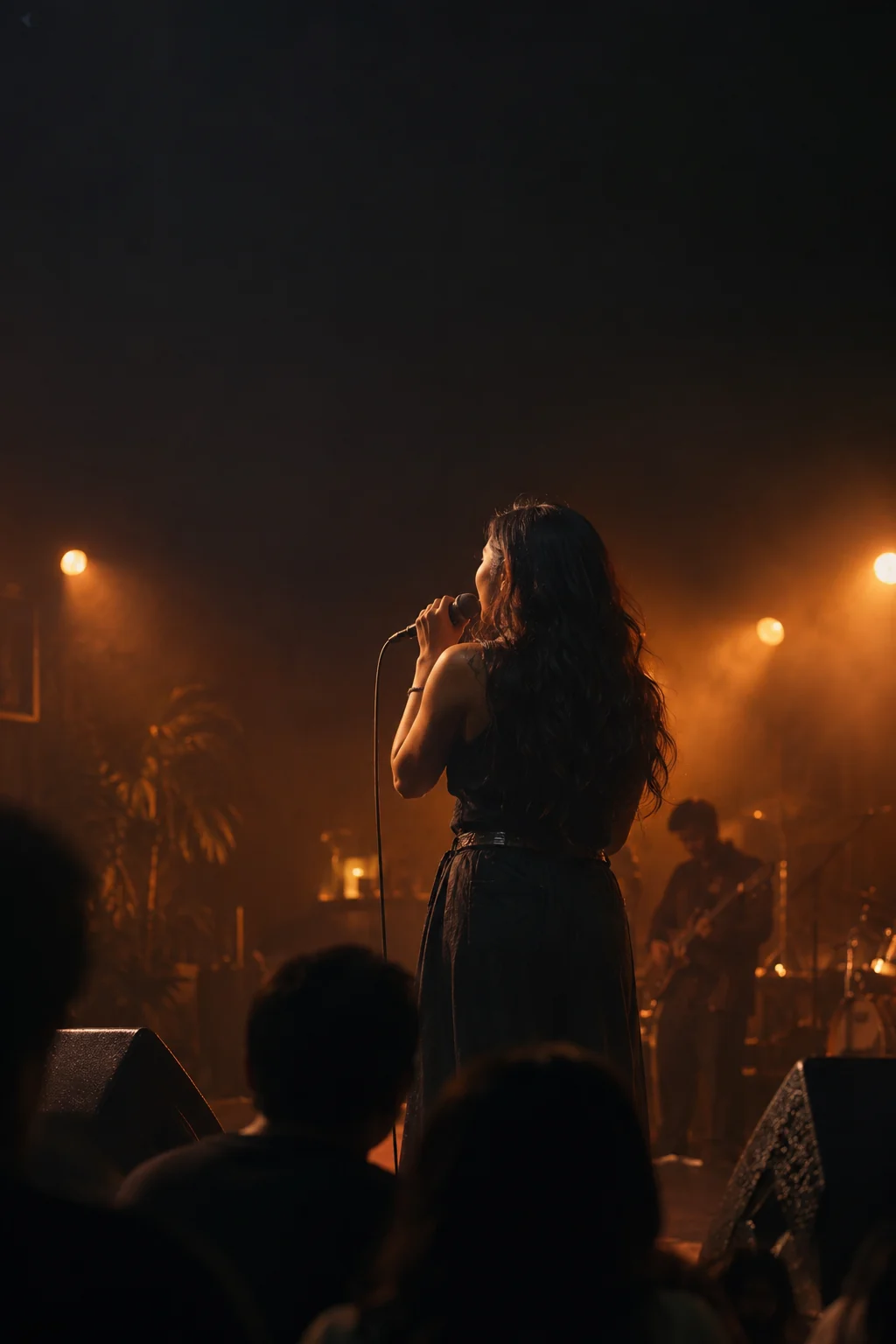 Singer on an amber-lit live music stage